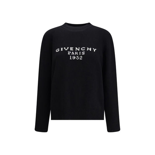 Givenchy Black Wool Sweatshirt with 'GIVENCHY Paris 1952' jacquard, ribbed collar, hem, and cuffs, made from wool and cashmere blend.
