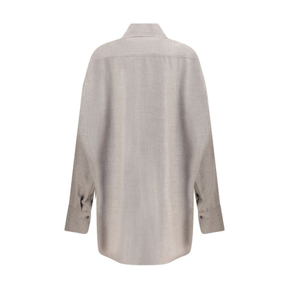 Back view of Di Stavnitser Gray Fleece Wool Dress Shirt with classic collar and asymmetrical hem, showcasing the oversized fit and soft wool texture.