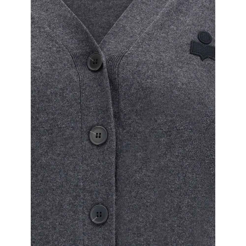 Close-up of Marant Etoile Gray Cotton Cardigan with button closure and logo, featuring V-neckline and long sleeves, 70% cotton, 30% wool.