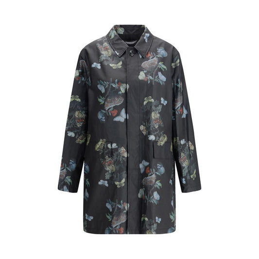 Undercover Black Cotton Coat with floral pattern, featuring waxed cotton for rain protection, front flap pockets, and inner pocket.