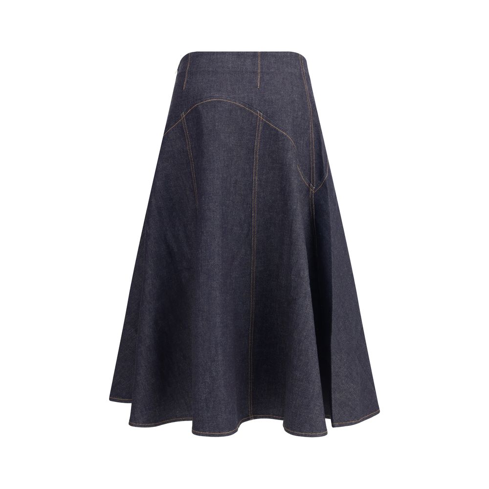 Jacquemus Blue Cotton Midi Skirt with contrast stitching and side zipper, AW25 collection, 100% cotton, featuring 'J' embroidery.