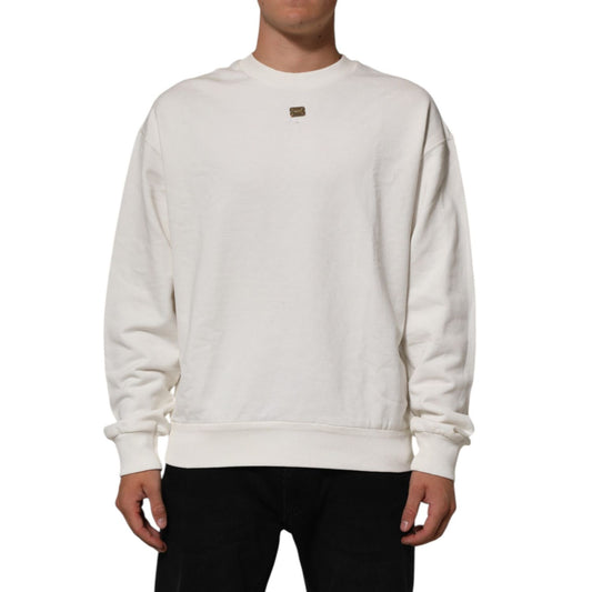 Dolce & Gabbana White DG Logo Crew Neck Sweatshirt Sweater with ribbed hem and cuffs, featuring a signature logo plaque for style.