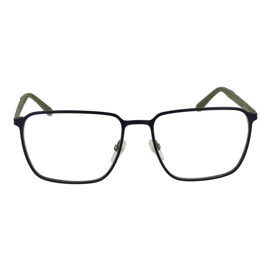 Square Fila Blue Men Glasses Frame with full-rim rubber material and 56mm demo lenses, no spring hinge, includes branded case.