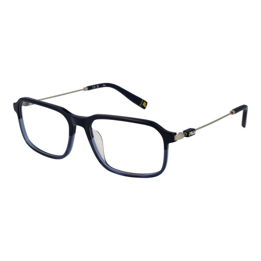 Fila Blue Men Glasses Frame in full-rim rectangle style with metal frame, demo lenses, size 55-16-145, blue color.