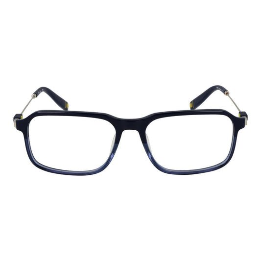 Fila Blue Men Glasses Frame - full-rim metal rectangle design, blue color, size 55-16-145, 55mm lens width, demo plastic lenses included.