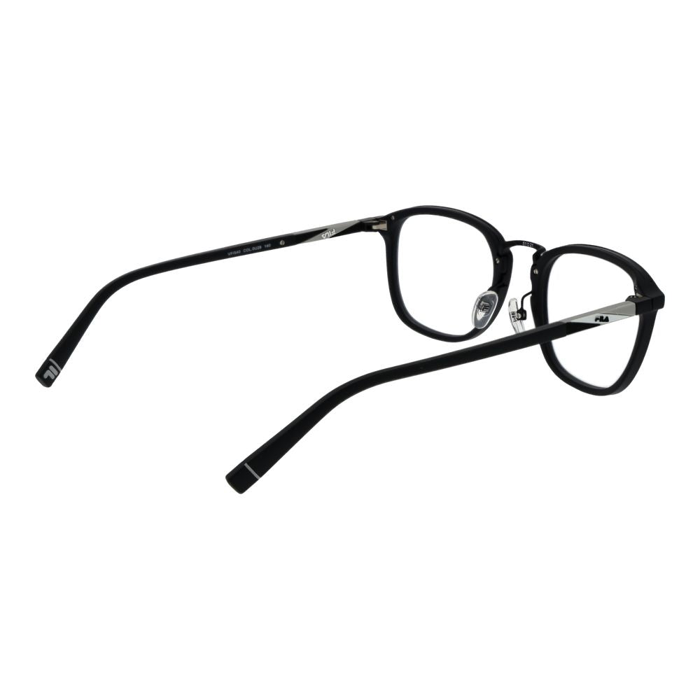 Fila Black Unisex Glasses Frame, full-rim black plastic with square style, demo lenses, size 51-21-140, featuring branded case.
