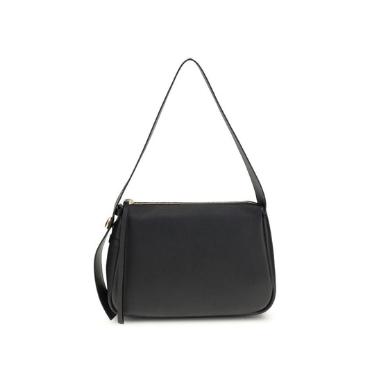 Tory Burch Black Calf Leather Bos Taurus Shoulder Bag with gold-tone details, adjustable handle, and zip closure.