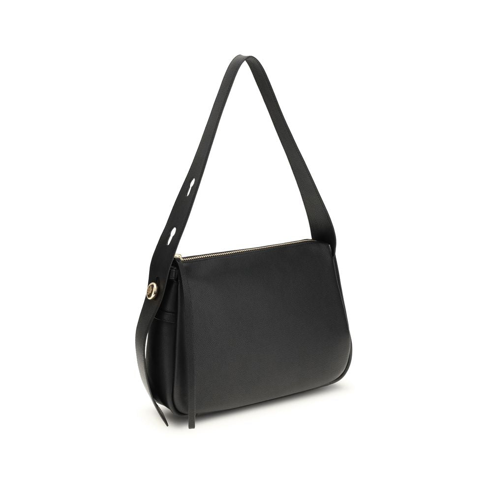 Tory Burch Black Calf Leather Bos Taurus Shoulder Bag with adjustable handle and gold-tone metal details.