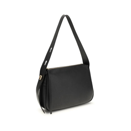 Tory Burch Black Calf Leather Bos Taurus Shoulder Bag with adjustable handle and gold-tone metal details.