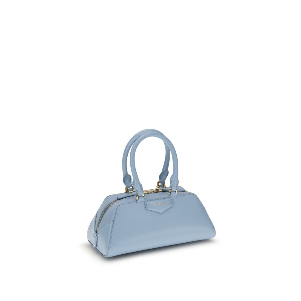 Alt Tag: Givenchy Light Blue Calf Leather Bos Taurus Handbag with gold details and adjustable shoulder strap