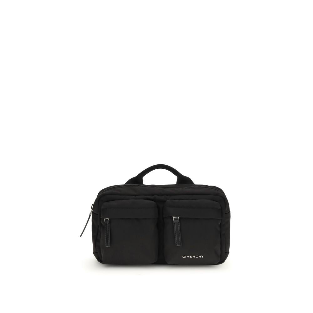 Givenchy Black Polyamide Shoulder Bag with two front zip pockets, leather pull, and silver-tone logo detailing. Perfect for urban style.