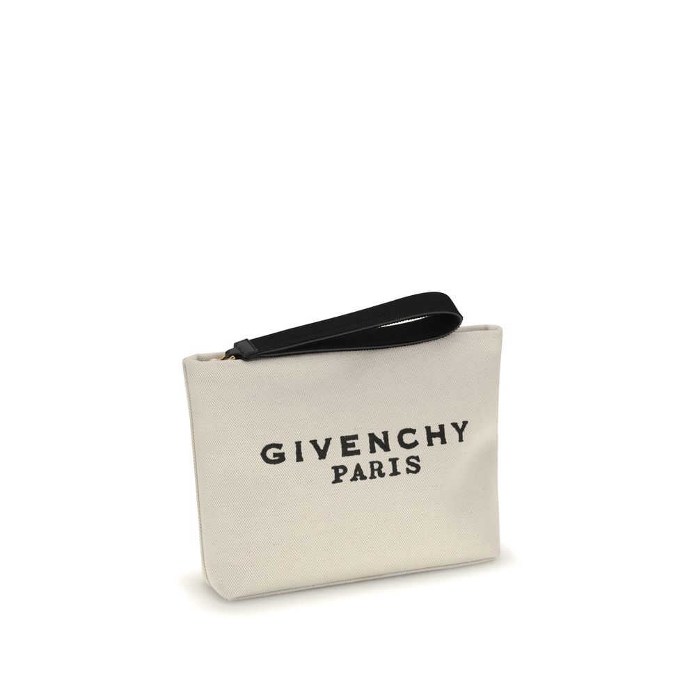 Givenchy Beige Cotton Accessories canvas pochette with zip closure and leather-lined shoulder strap, featuring GIVENCHY Paris logo.