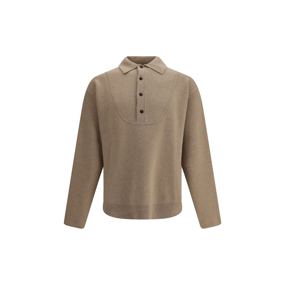 Jacquemus Beige Merino Wool Sweatshirt with pointed collar and button fastening, long sleeves, ribbed cuffs and waistband.