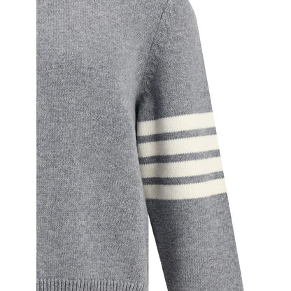 Thom Browne Gray Fleece Wool Sweatshirt with 4-Bar intarsia design, featuring a sporty half-zip collar for a stylish, elegant look.