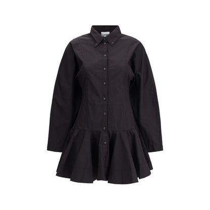 Ganni Black Cotton Casual Dress with long sleeves, classic collar, front button closure, low waist, and gathered hemline for a feminine touch.