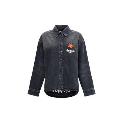 Kenzo Black Denim Shirt with Futura 2000 Boke Flower embroidery and logo label, stone bleach wash, classic collar, button cuffs, AW25 collection