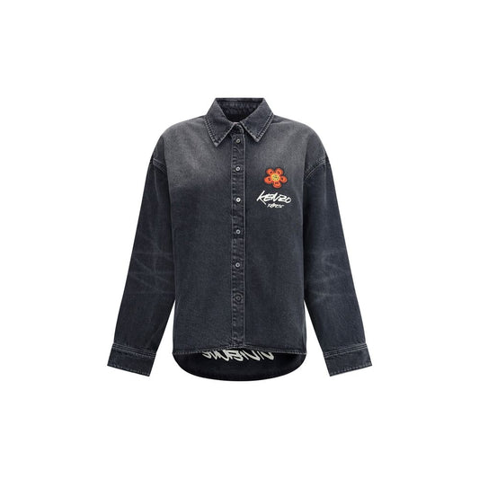 Kenzo Black Denim Shirt with Futura 2000 Boke Flower embroidery and logo label, stone bleach wash, classic collar, button cuffs, AW25 collection