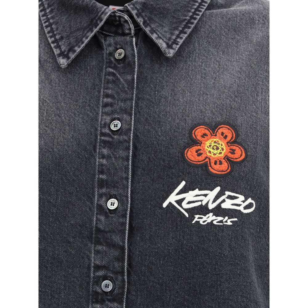 Kenzo Black Denim Shirt with Futura 2000 Boke Flower embroidery, classic collar, button closure, and logo label, 99% cotton, AW25.