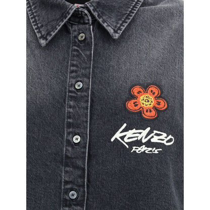 Kenzo Black Denim Shirt with Futura 2000 Boke Flower embroidery, classic collar, button closure, and logo label, 99% cotton, AW25.