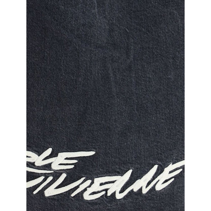 Close-up of Kenzo Black Denim Shirt with Futura 2000 Boke Flower embroidery, showcasing Japanese stone bleach wash design.