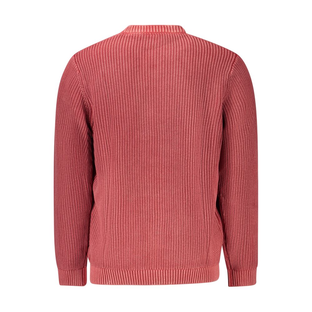 Back view of Pepe Jeans Red Cotton Men Sweater, sustainable sweater with crew neck and iconic logo for eco-conscious fashion lovers.