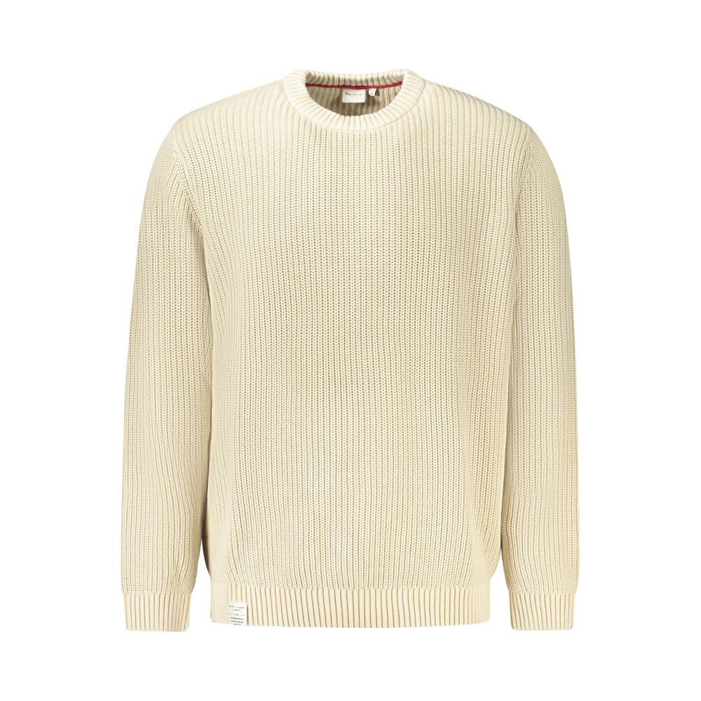 Pepe Jeans Beige Cotton Men Sweater showcasing sustainable style and comfort with iconic logo, made of 100% cotton for eco-conscious men.