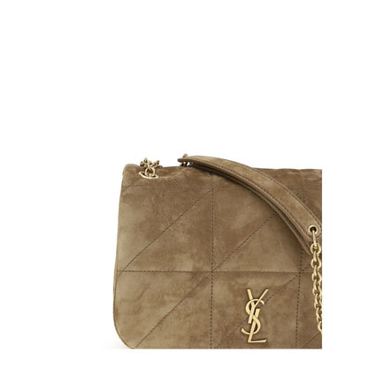 Saint Laurent Beige Calf Leather Bos Taurus Shoulder Bag with YSL logo and quilted suede design, featuring chain shoulder strap.
