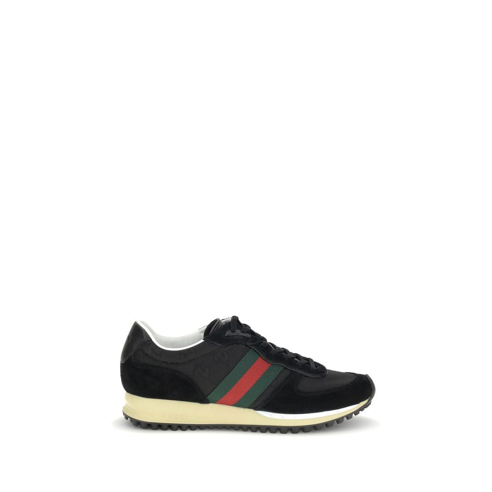 Gucci Black Polyamide Athletic Sneakers with Original GG canvas, suede trim, and green-red Web stripe, featuring Interlocking GG logo.