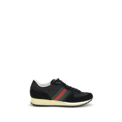 Gucci Black Polyamide Athletic Sneakers with Original GG canvas, suede trim, and green-red Web stripe, featuring Interlocking GG logo.