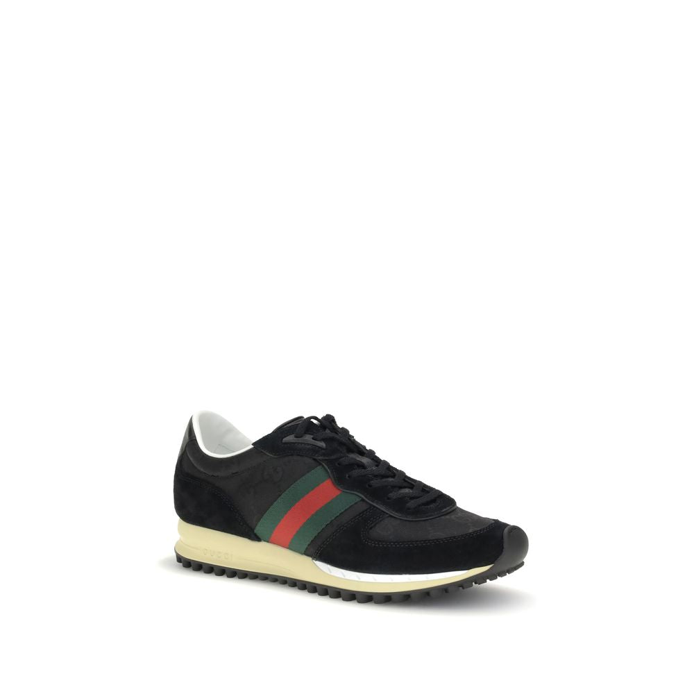 Gucci Black Polyamide Athletic Sneakers with green and red Web stripe, Original GG canvas, and rubber sole.