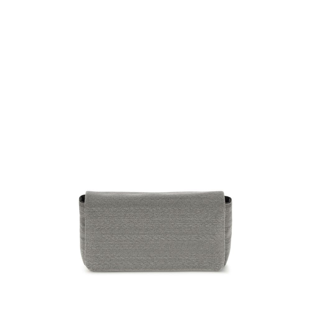 Brunello Cucinelli Gray Leather Shoulder Bag with flap closure and adjustable strap for versatile use in elegant style.