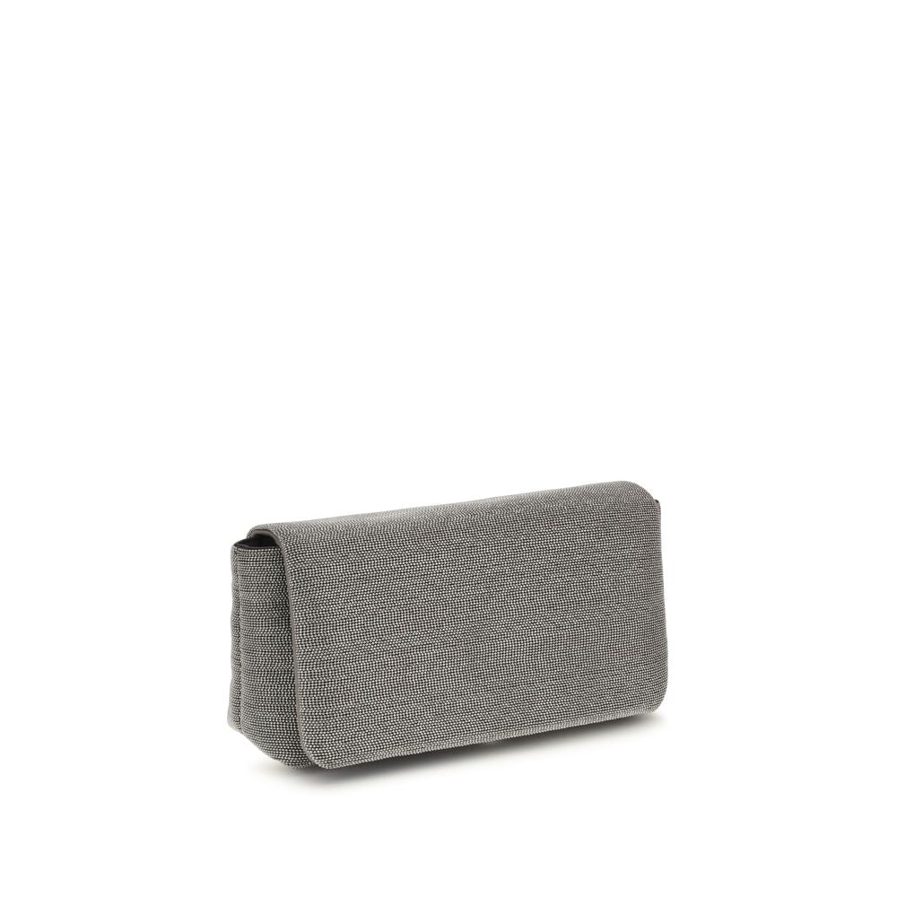 Brunello Cucinelli Gray Leather Shoulder Bag with magnetic flap closure and adjustable strap for versatile style.