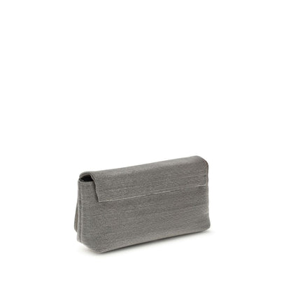 Brunello Cucinelli Gray Leather Shoulder Bag with flap closure and adjustable strap, shown in elegant side view.