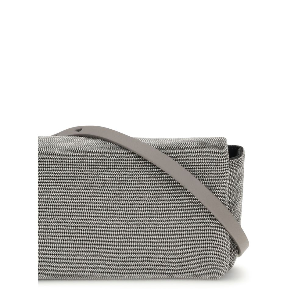 Brunello Cucinelli Gray Leather Shoulder Bag with adjustable strap and magnetic flap closure, showcasing elegant craftsmanship and style.