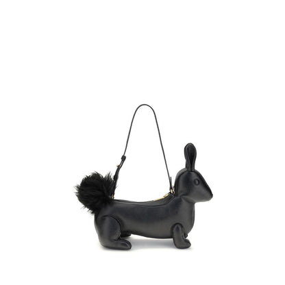 Thom Browne Black Calf Leather Bos Taurus Shoulder Bag with rabbit shape and fur tail, featuring brass zipper and adjustable strap.