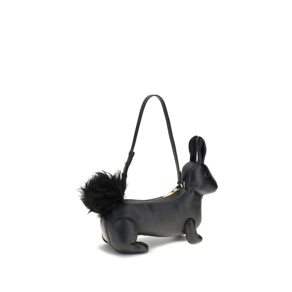 Thom Browne Black Calf Leather Bos Taurus Shoulder Bag, rabbit design with fur tail and brass zipper, iconic craftsmanship.