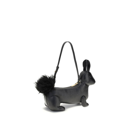 Thom Browne Black Calf Leather Bos Taurus Shoulder Bag, rabbit design with fur tail and brass zipper, iconic craftsmanship.
