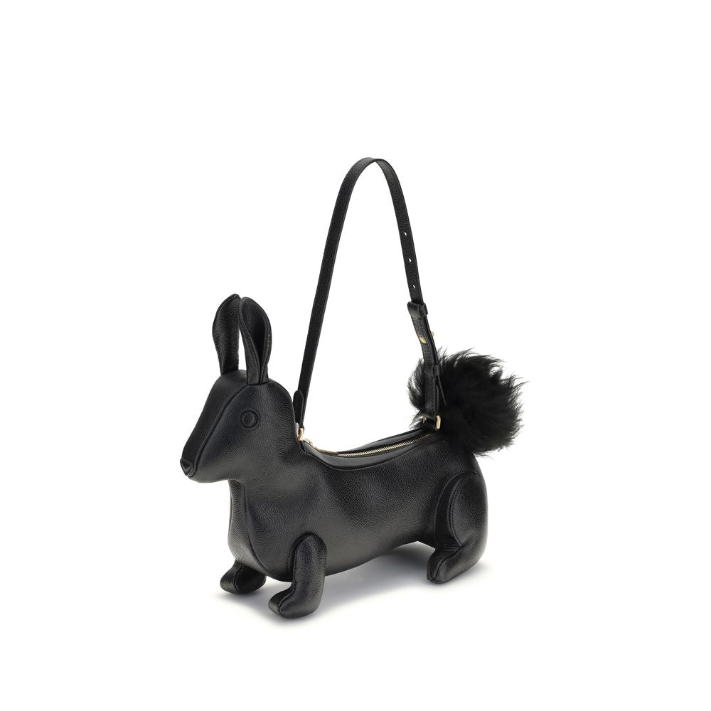 Thom Browne Black Calf Leather Bos Taurus Shoulder Bag shaped like a rabbit with fur tail and adjustable strap.