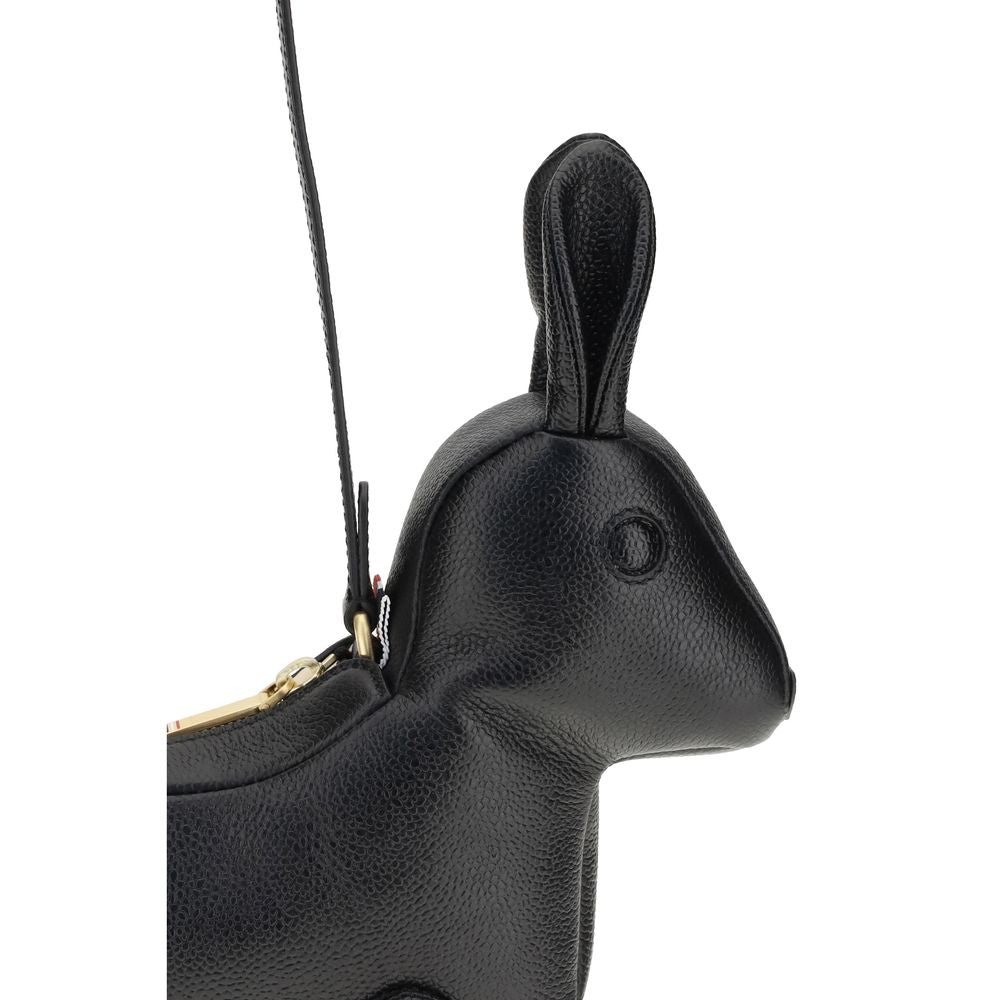 Thom Browne Black Calf Leather Bos Taurus Shoulder Bag in rabbit shape with adjustable strap and zipper closure.
