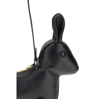 Thom Browne Black Calf Leather Bos Taurus Shoulder Bag in rabbit shape with adjustable strap and zipper closure.