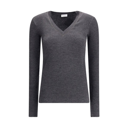 Brunello Cucinelli Gray Wool Long Sleeve T-Shirt with V-neckline and jewel embellishment, showcasing ribbed jersey texture.
