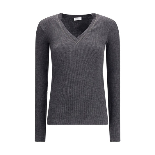 Brunello Cucinelli Gray Wool Long Sleeve T-Shirt with jewel-embellished V-neckline for elegant style.