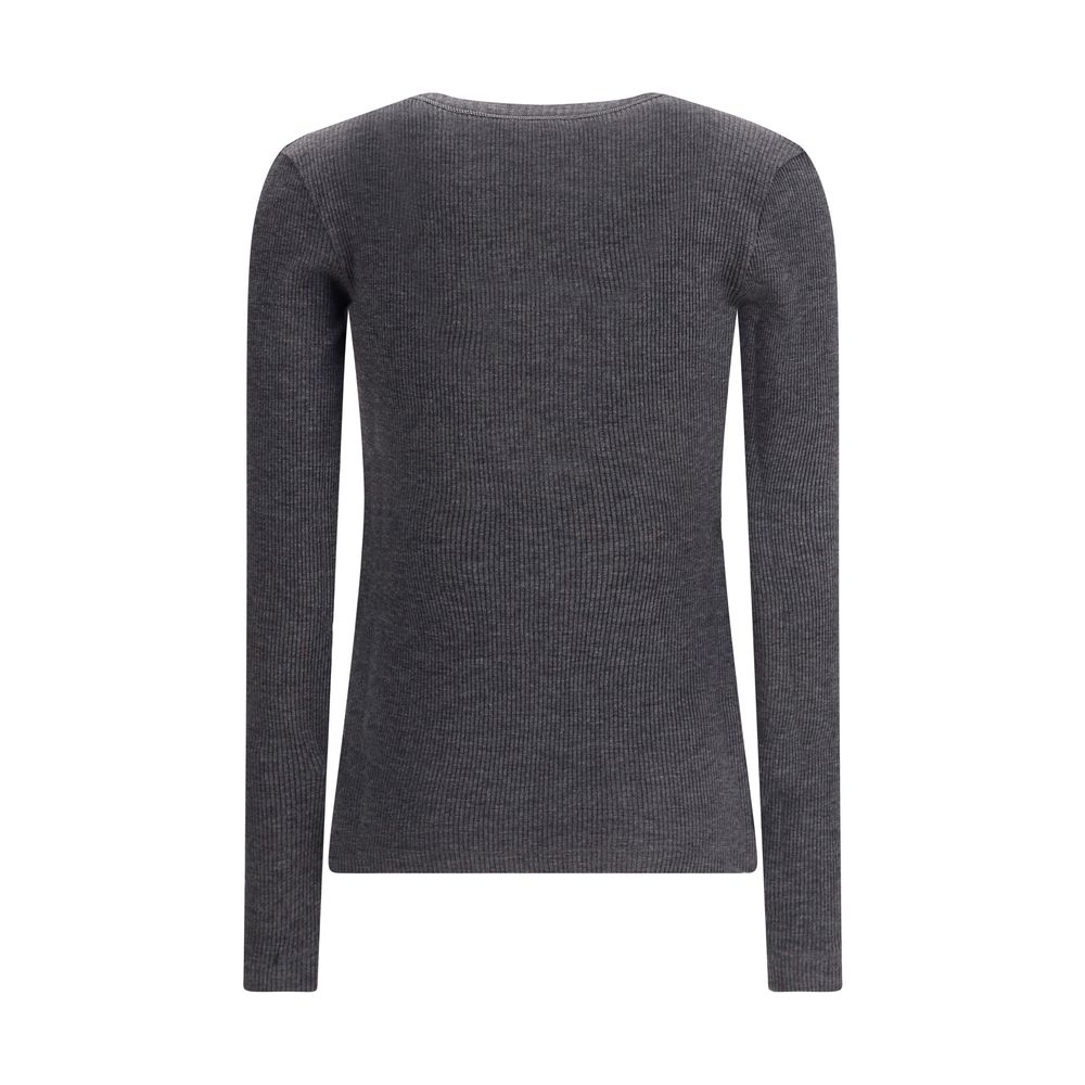 Back view of Brunello Cucinelli Gray Wool Long Sleeve T-Shirt with ribbed texture.