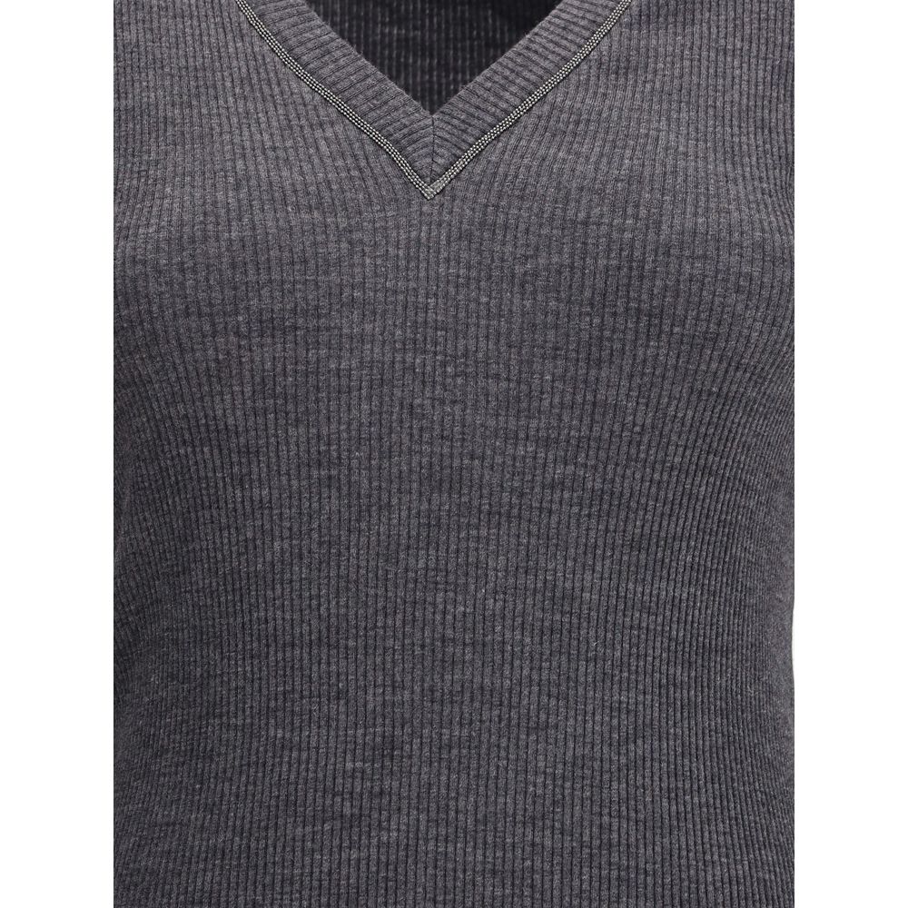 Brunello Cucinelli Gray Wool Long Sleeve T-Shirt with ribbed jersey and jewel embellishment on the V-neckline.