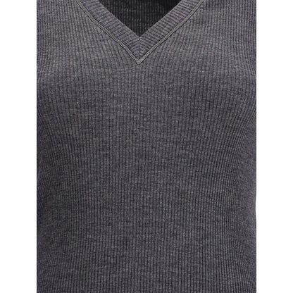 Brunello Cucinelli Gray Wool Long Sleeve T-Shirt with ribbed jersey and jewel embellishment on the V-neckline.