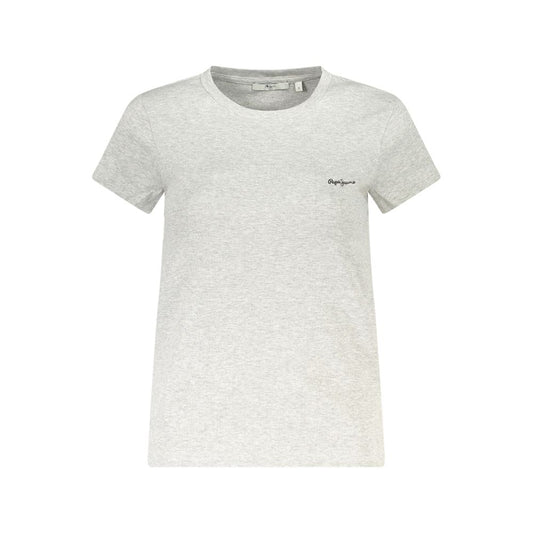 Pepe Jeans Gray Cotton Women T-Shirt with logo embroidery, crew neck, and short sleeves for casual elegance and comfort.