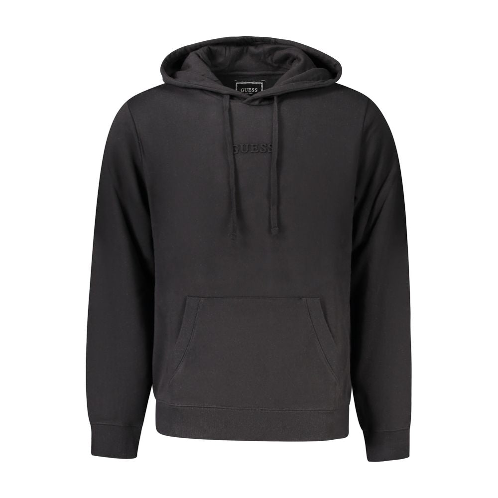 Guess Jeans Black Cotton Men Hoodie with embossed logo and central pocket, showcasing urban sophistication and comfort.