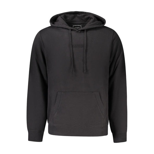 Guess Jeans Black Cotton Men Hoodie with embossed logo and central pocket, offering comfort and urban sophistication.