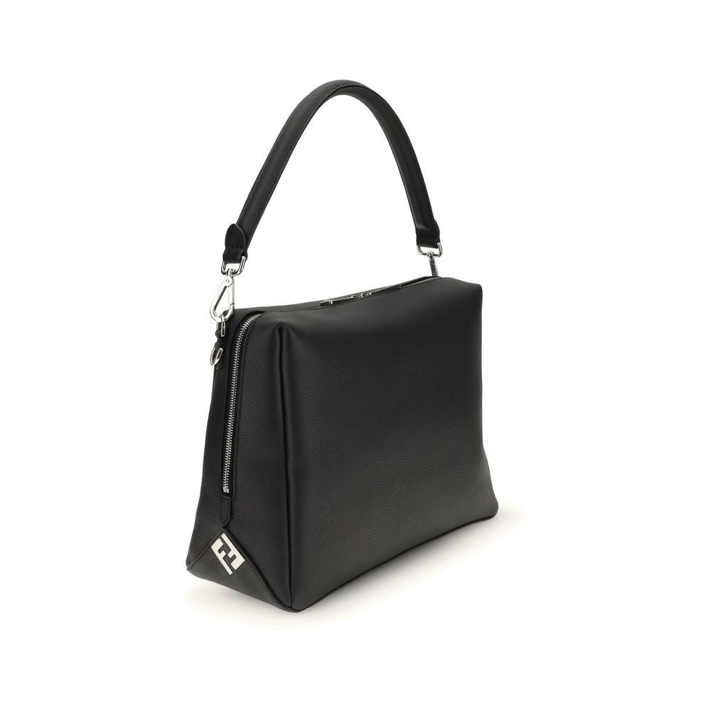 Fendi Black Calf Leather Bos Taurus Shoulder Bag with FF metal accents and palladium hardware.