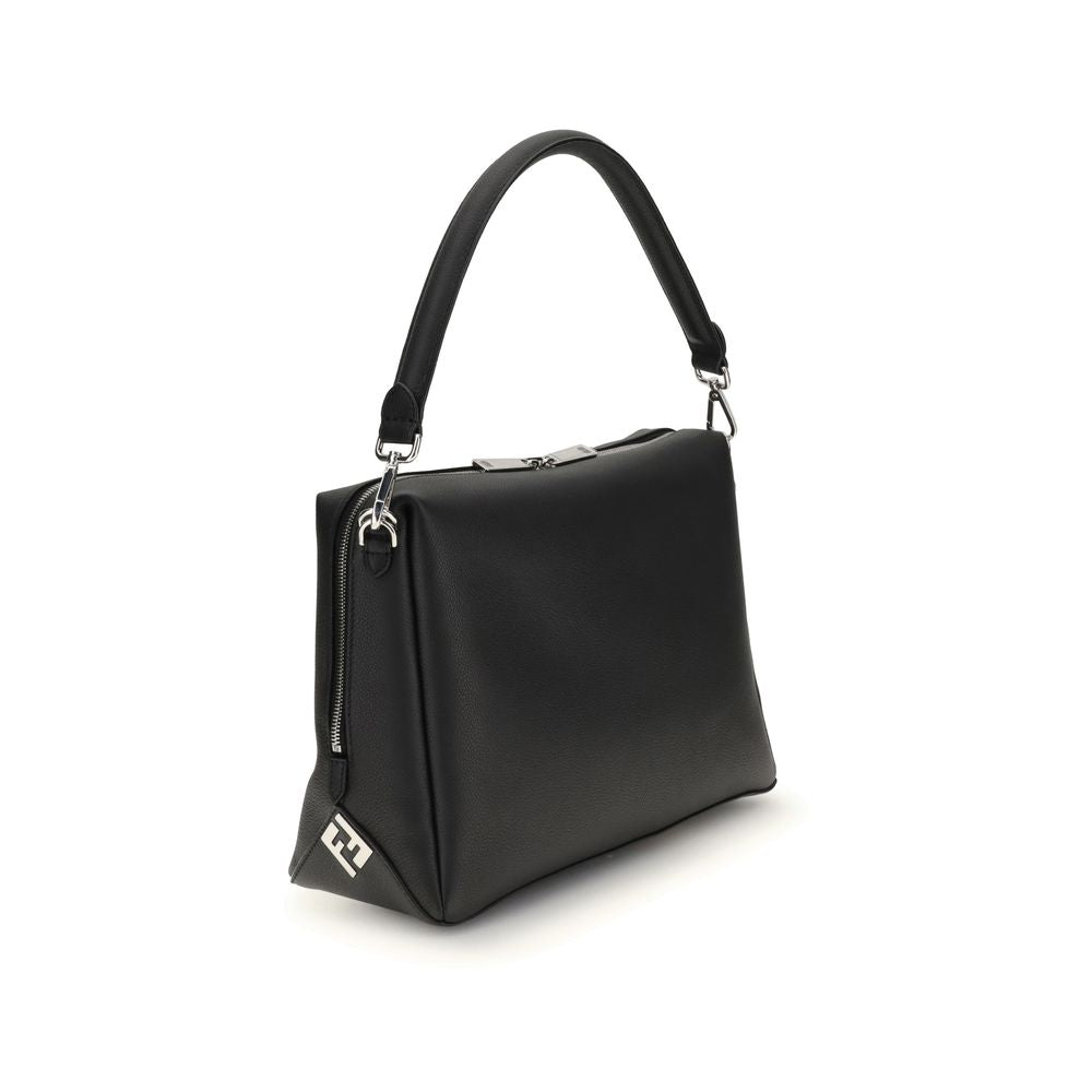 Fendi Black Calf Leather Bos Taurus Shoulder Bag with palladium-finish hardware and FF metal corner accents.